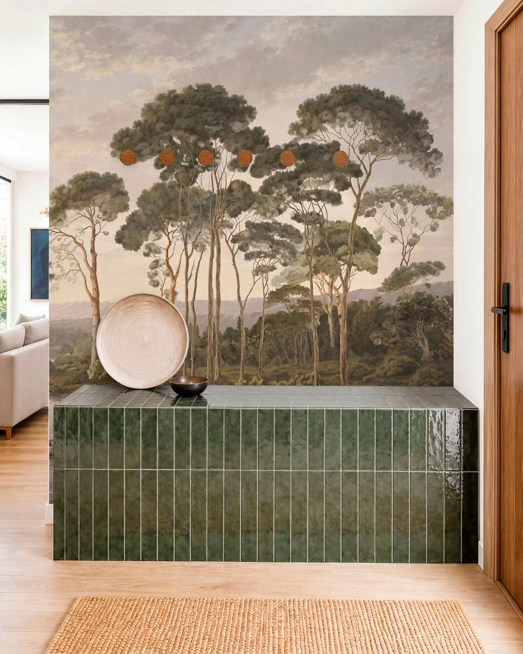 murales de pared Paisaje con río, árboles y colinas en la lejanía w05696