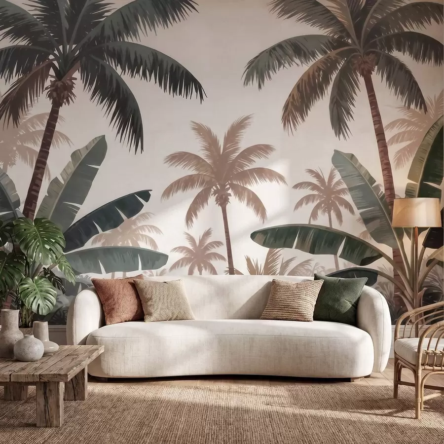 murales de pared Palmeras tropicales en una suave paleta de colores vintage con un ambiente brumoso de mañana w09884