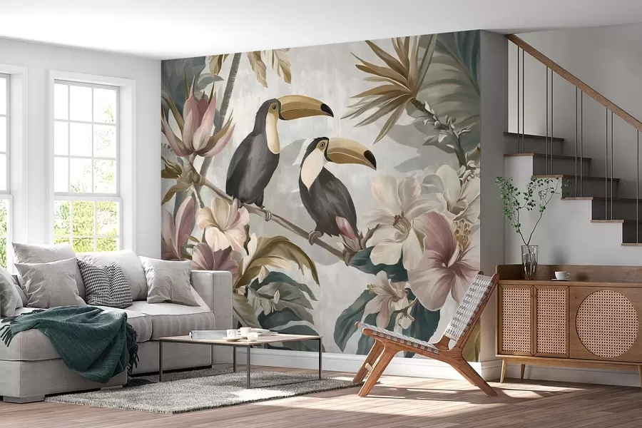 murales de pared una pareja de tucanes entre flores y hojas tropicales w05657