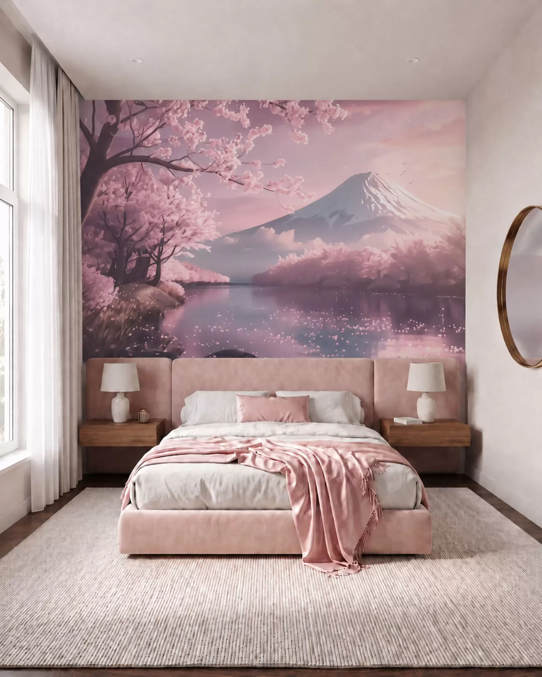 murales de pared Sereno paisaje japonés con cerezos en flor y un lago de montaña al amanecer w09864