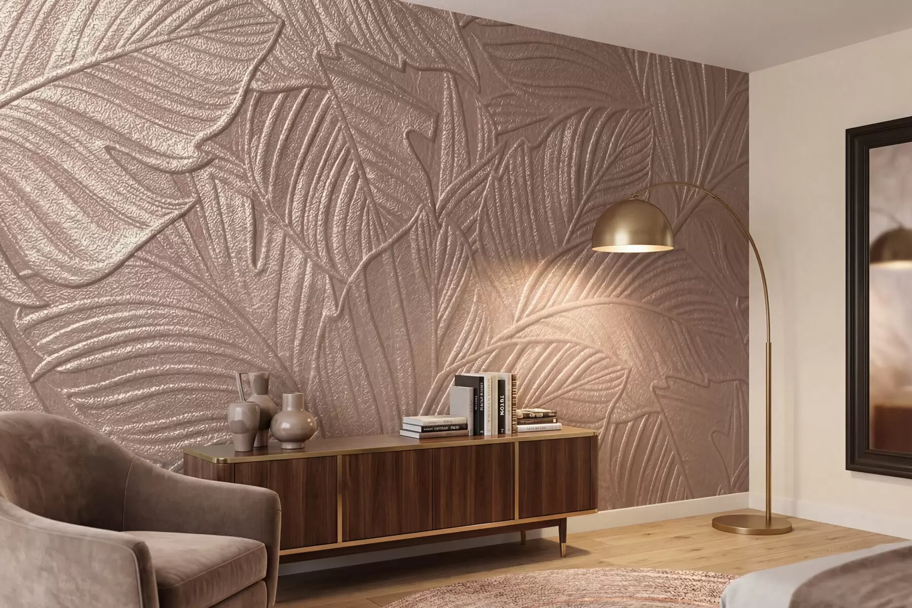 murales de pared Hojas tropicales en relieve con un delicado diseño en tonos beige cálidos w09886