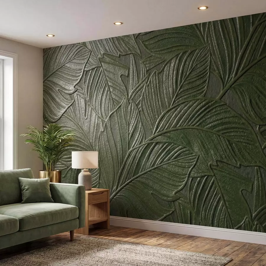 murales de pared Hojas tropicales en relieve con un delicado diseño en exuberantes tonos verdes w09886v1