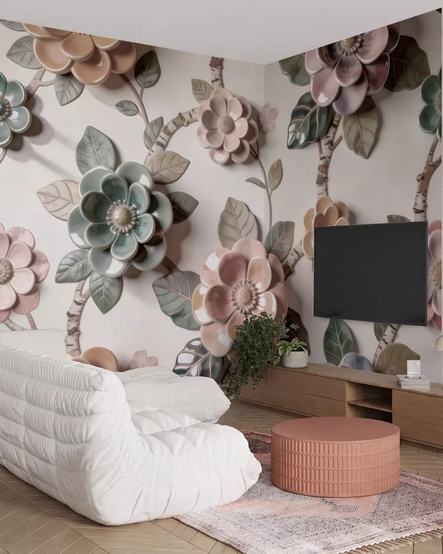 murales de pared Flores de cerámica tridimensionales en una suave gama de colores pastel w09887