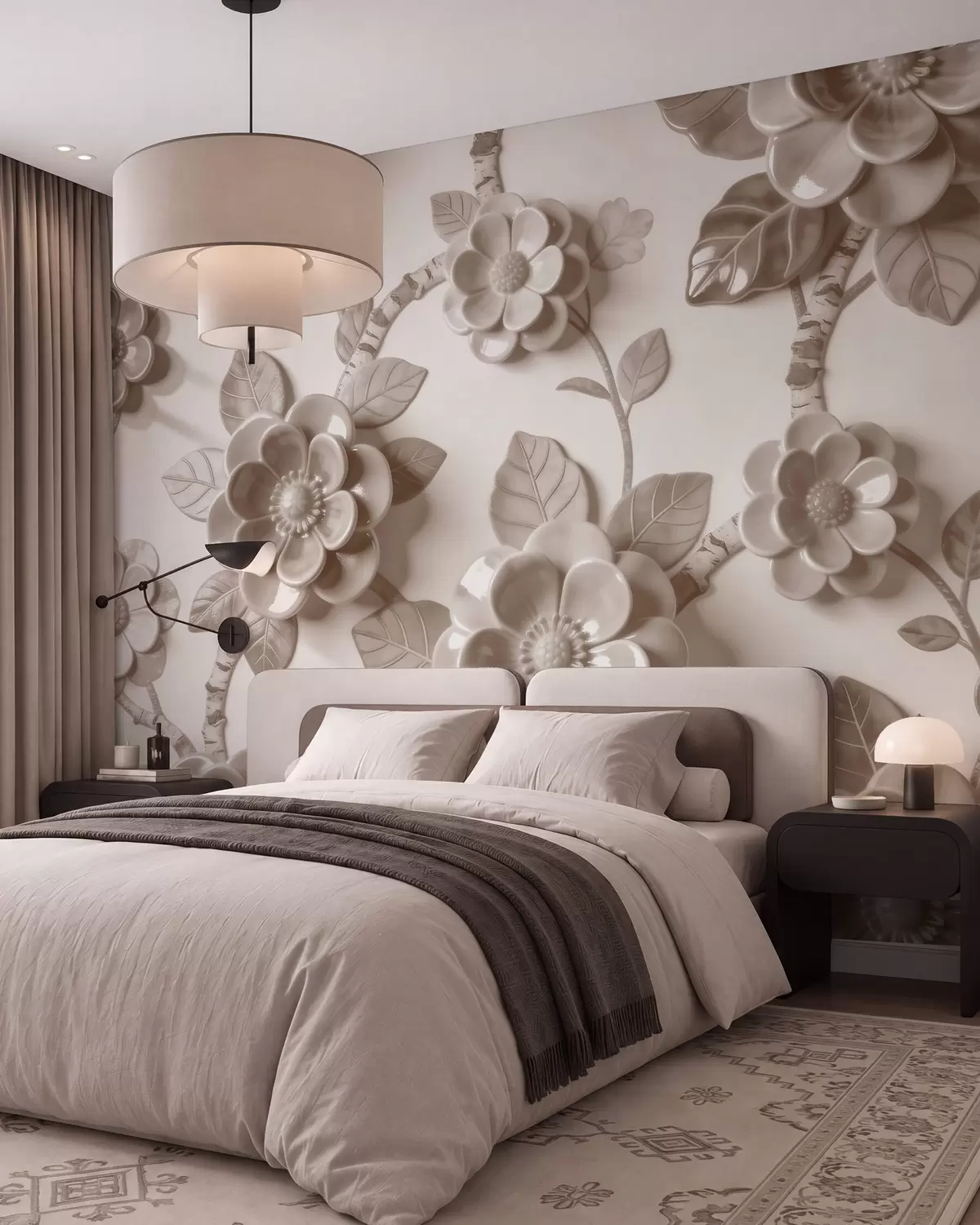 murales de pared Elegante arreglo floral en tonos beige con flores esculpidas en tres dimensiones w09887v1
