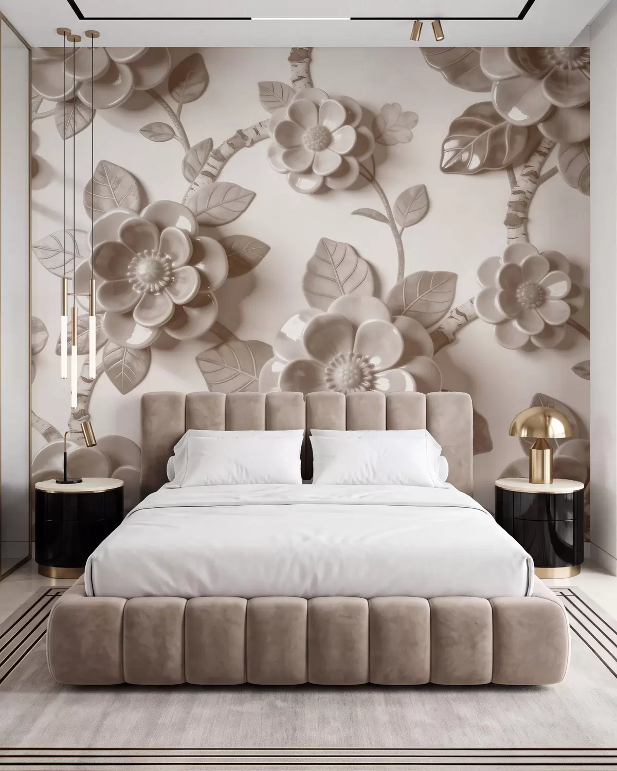 murales de pared Elegante arreglo floral en tonos beige con flores esculpidas en tres dimensiones w09887v1