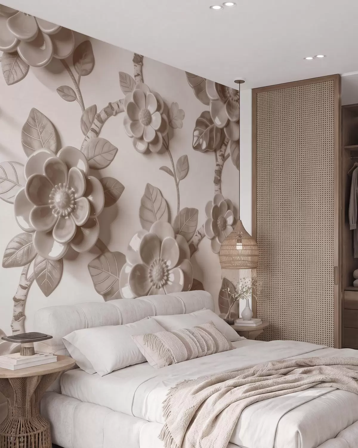 murales de pared Elegante arreglo floral en tonos beige con flores esculpidas en tres dimensiones w09887v1