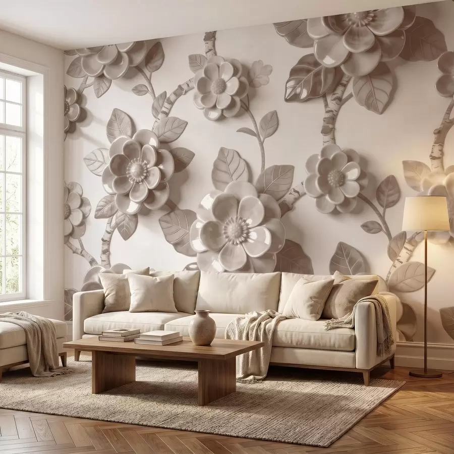 murales de pared Elegante arreglo floral en tonos beige con flores esculpidas en tres dimensiones w09887v1