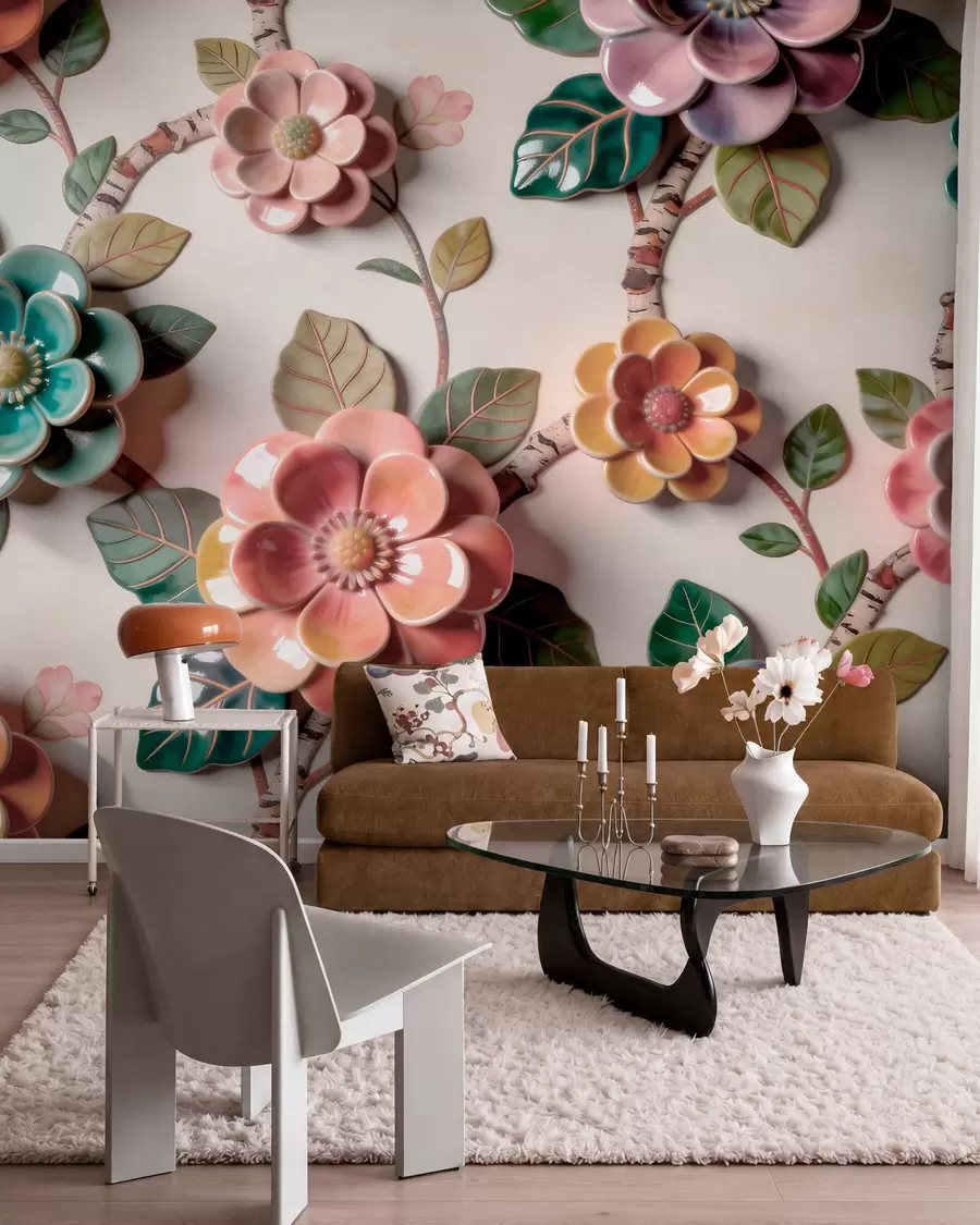 murales de pared Flores y hojas de cerámica tridimensionales en una paleta de colores vivos w09887v2