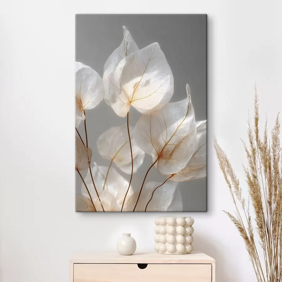 murales de pared hojas blancas con nervaduras sobre un fondo gris s49558