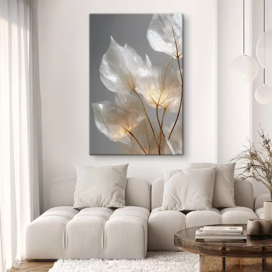 murales de pared hojas blancas con nervaduras sobre un fondo gris s49559