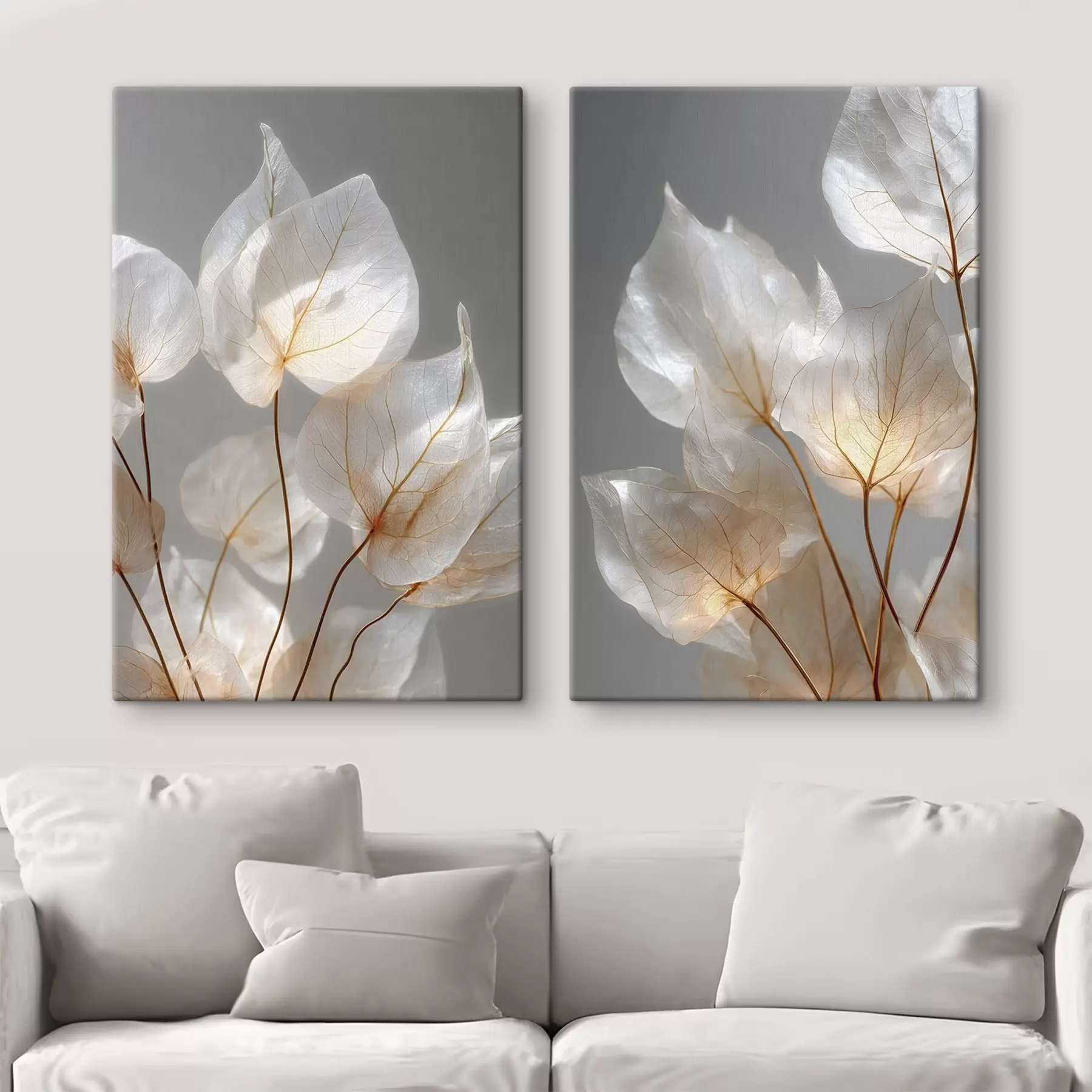 murales de pared hojas blancas con nervaduras sobre un fondo gris m30620