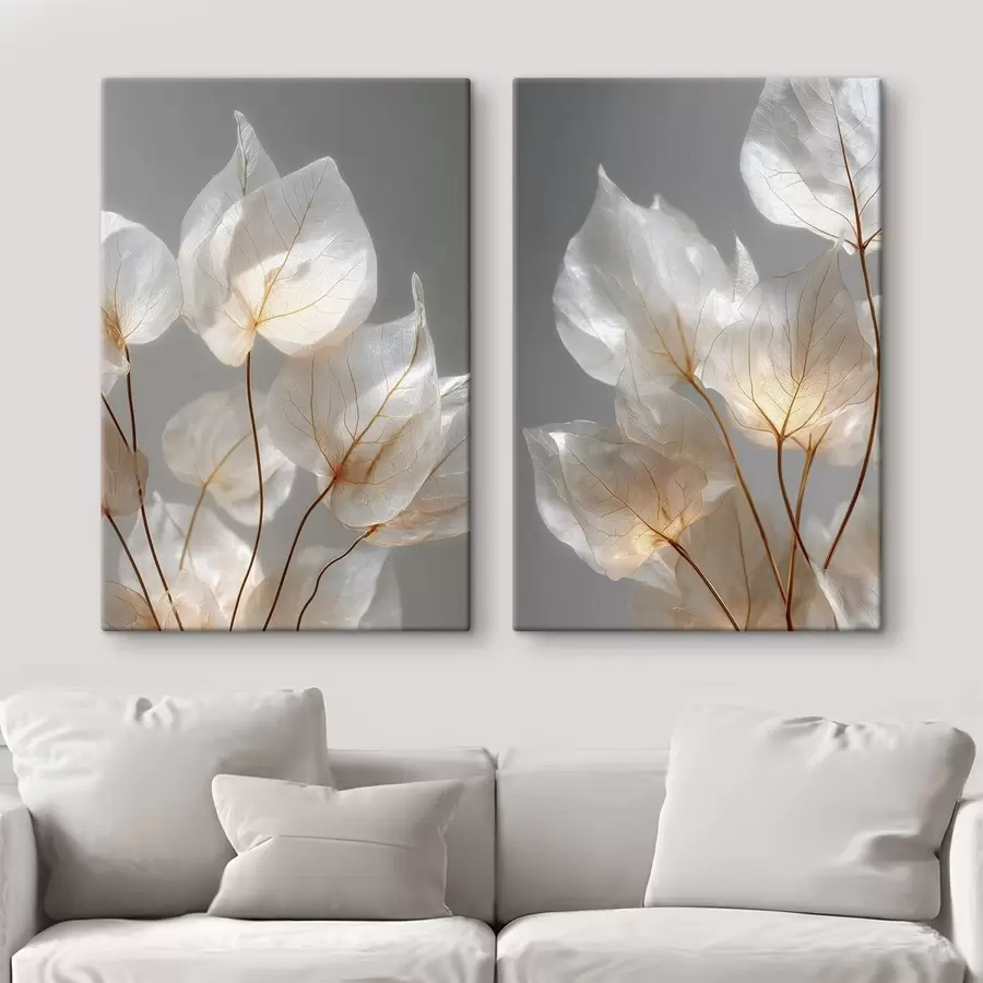 murales de pared hojas blancas con nervaduras sobre un fondo gris m30620