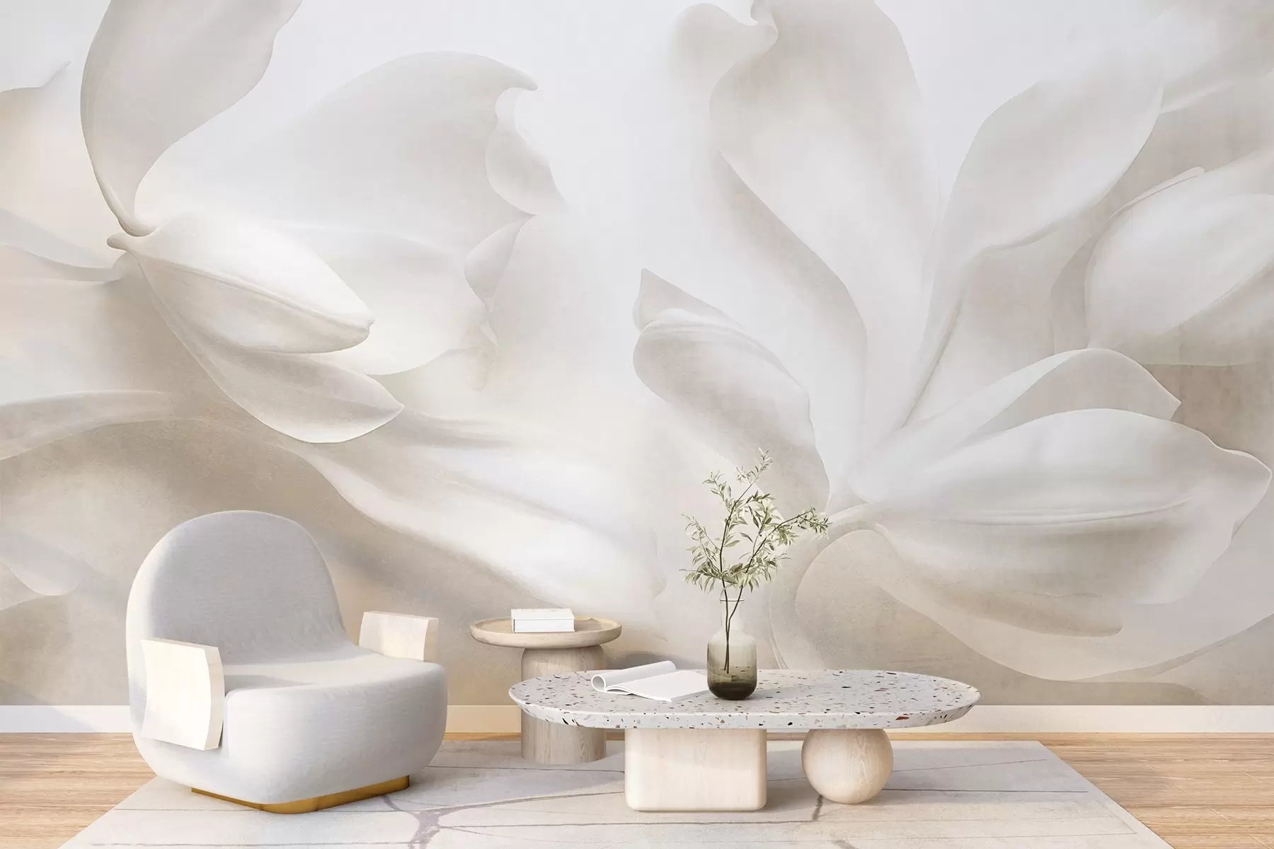 murales de pared Flores de magnolia blancas con textura y pétalos delicados, sobre un fondo claro difuminado w09771