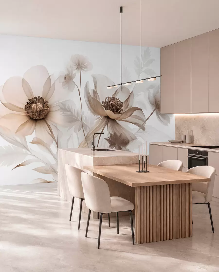 murales de pared Flores grandes, translúcidas y de tonos sepia, con pétalos delicados, hojas plumosas y flores más pequeñas w09900