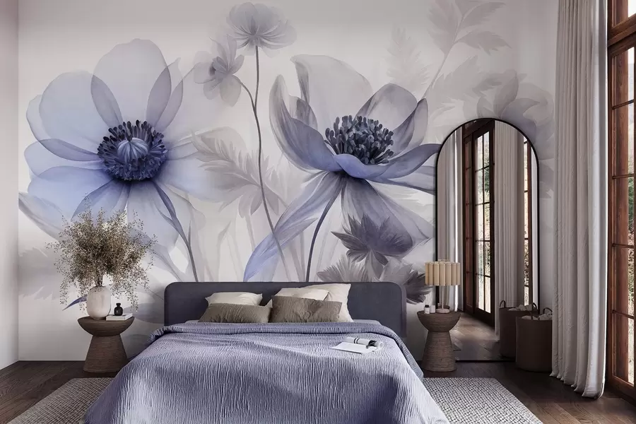 murales de pared Flores grandes, translúcidas y de tonos azules, con pétalos delicados, hojas plumosas y flores más pequeñas w09900v1