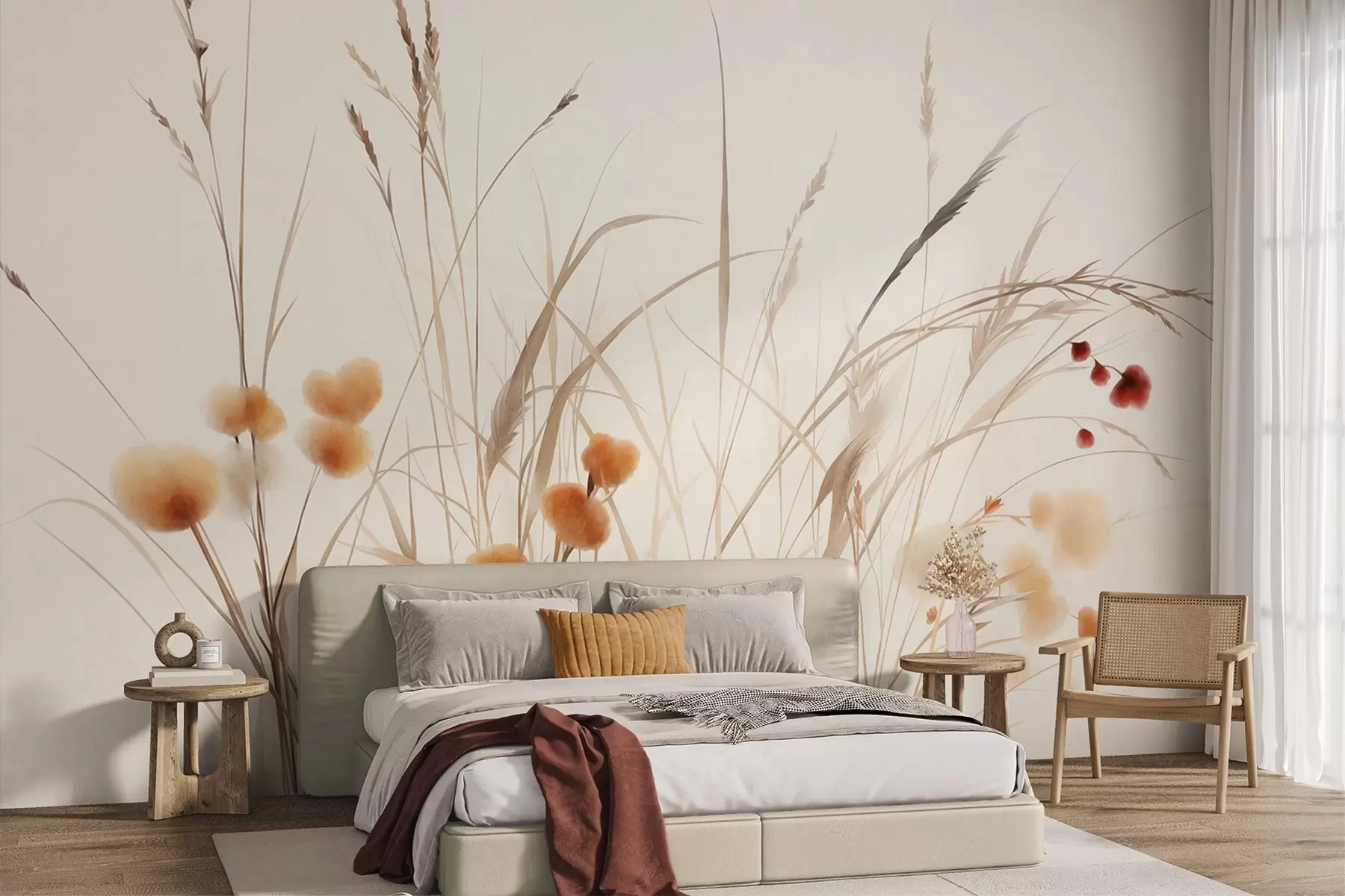 murales de pared Hierbas altas y pequeñas flores silvestres de color naranja sobre un fondo pálido, con un estilo boho lleno de textura w09902