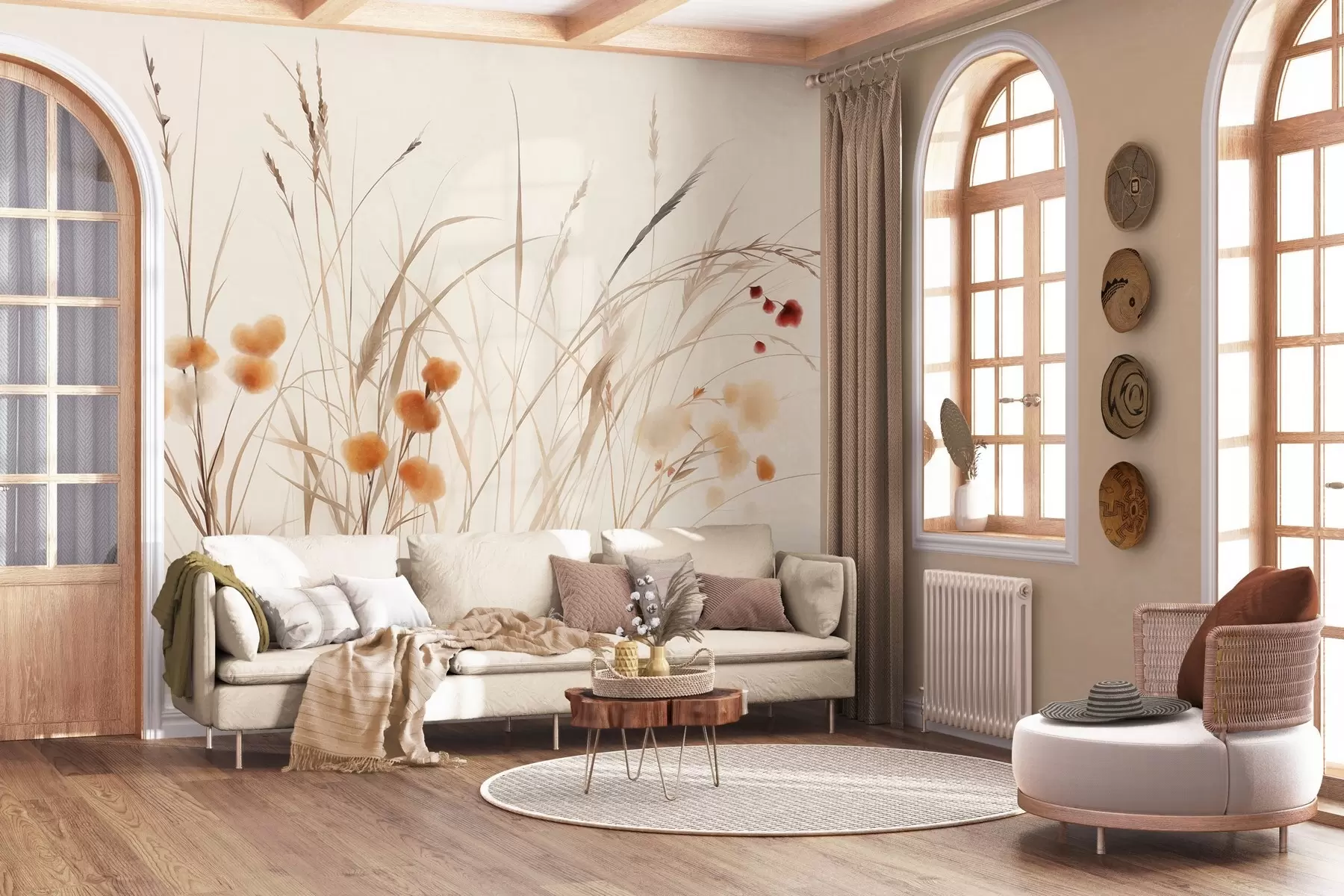 murales de pared Hierbas altas y pequeñas flores silvestres de color naranja sobre un fondo pálido, con un estilo boho lleno de textura w09902