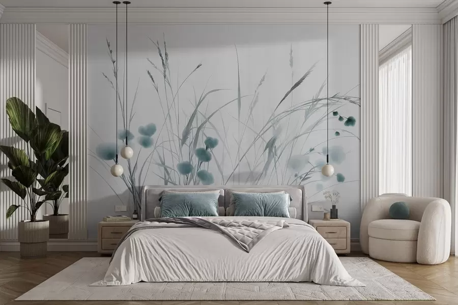 murales de pared Hierbas altas y pequeñas flores silvestres azules sobre un fondo pálido, con un estilo boho lleno de textura w09902v1