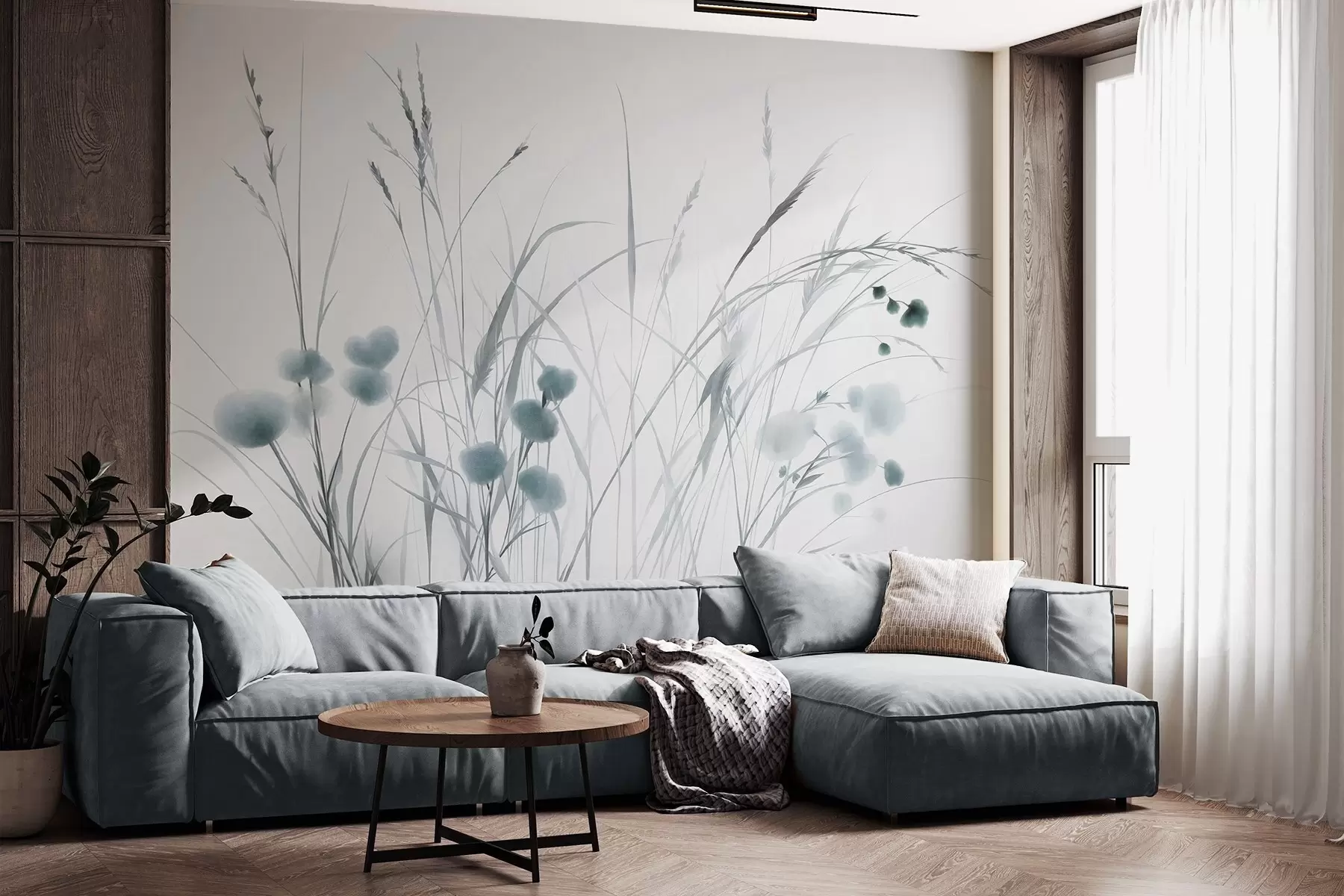 murales de pared Hierbas altas y pequeñas flores silvestres azules sobre un fondo pálido, con un estilo boho lleno de textura w09902v1
