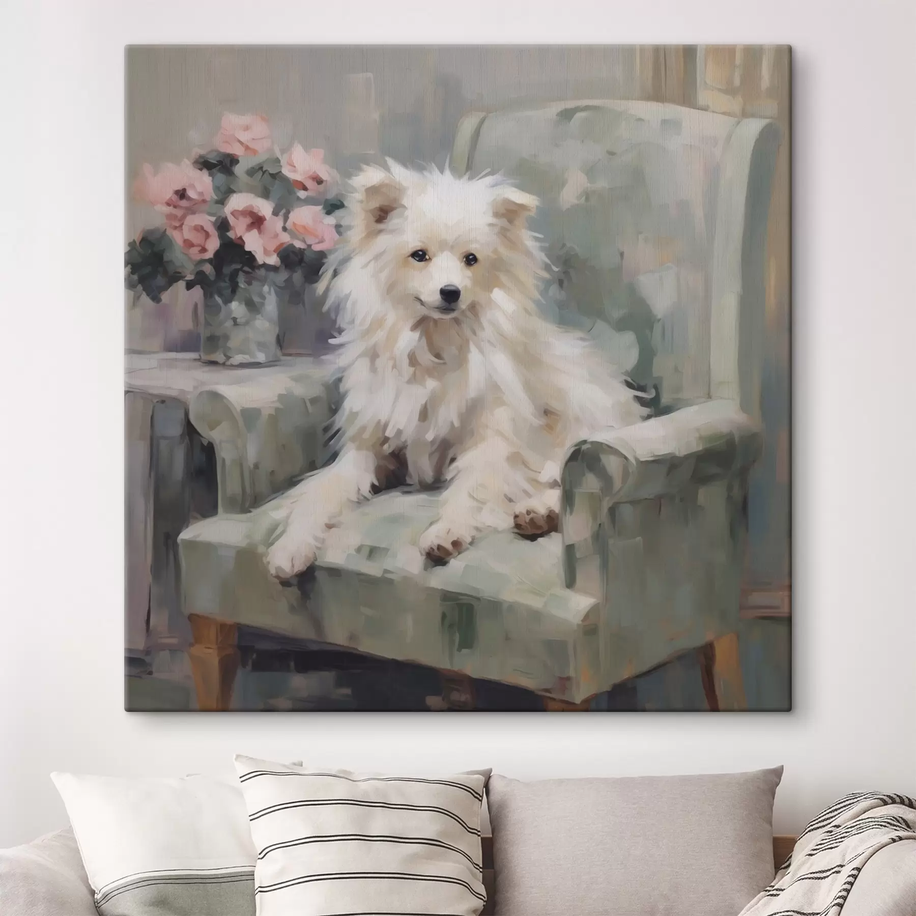 murales de pared Un perrito en una silla, imitación de un cuadro s49597