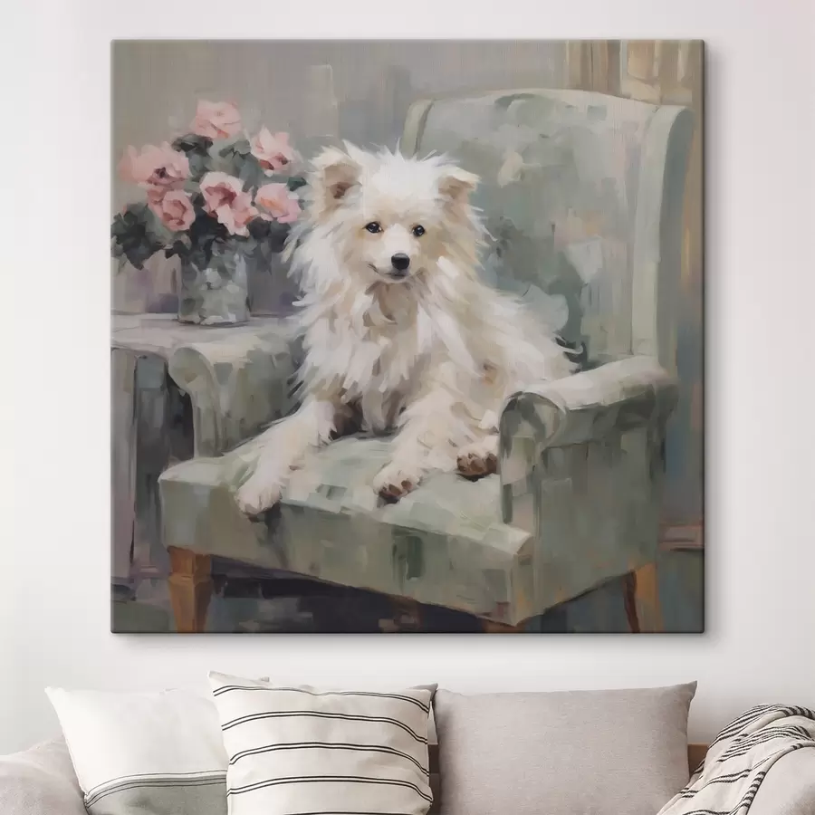 murales de pared Un perrito en una silla, imitación de un cuadro s49597