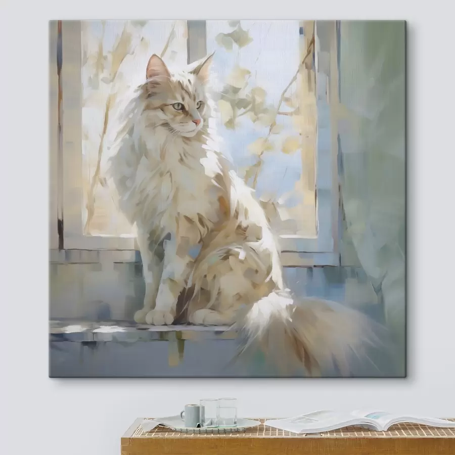 murales de pared Un gato en el alféizar de una ventana es una imitación de un cuadro s49602