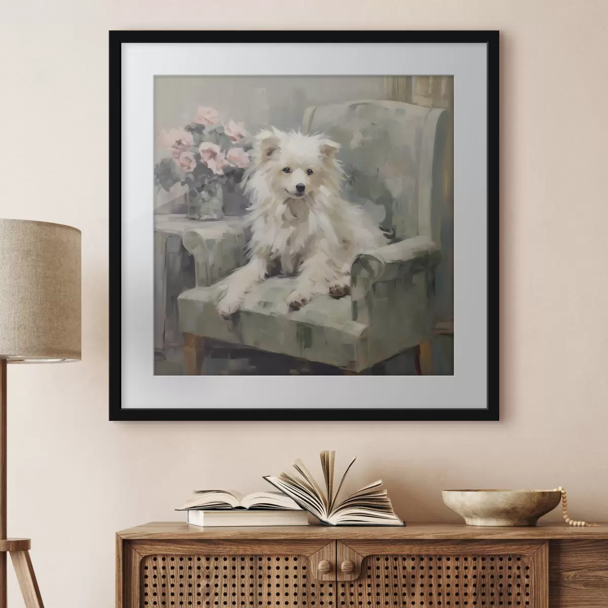 Poster Un perrito en una silla, imitación de un cuadro f49597