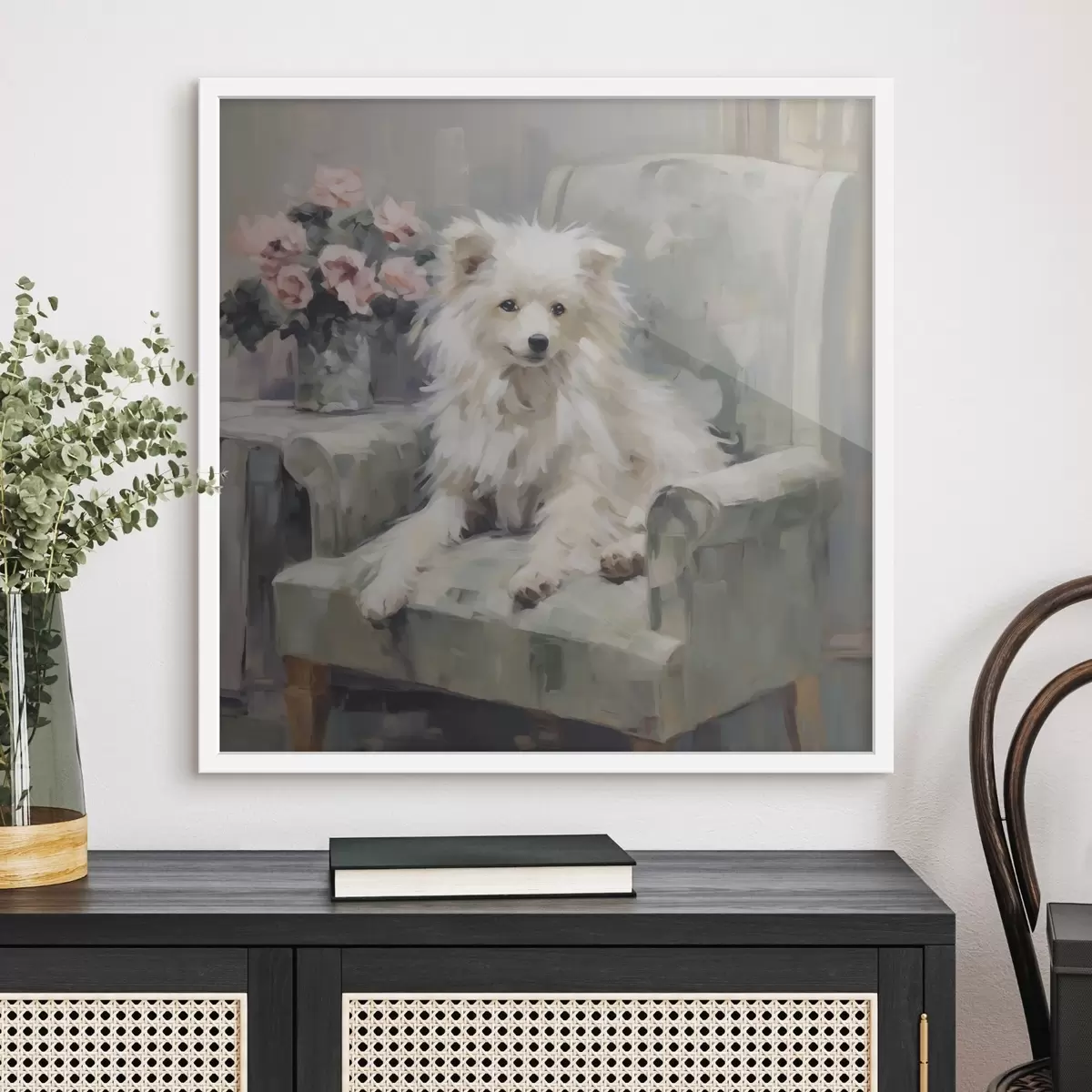 Poster Un perrito en una silla, imitación de un cuadro f49597
