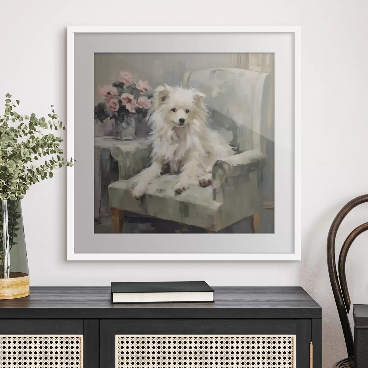 Poster Un perrito en una silla, imitación de un cuadro f49597