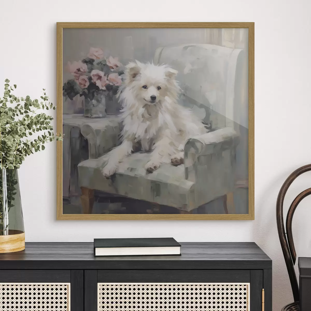 Poster Un perrito en una silla, imitación de un cuadro f49597