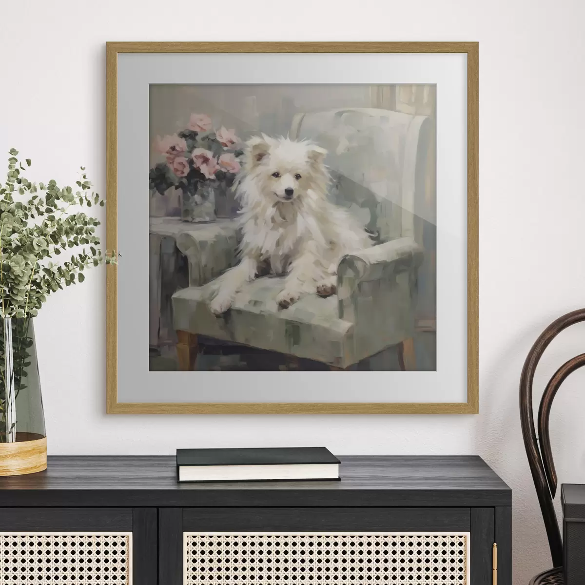 Poster Un perrito en una silla, imitación de un cuadro f49597