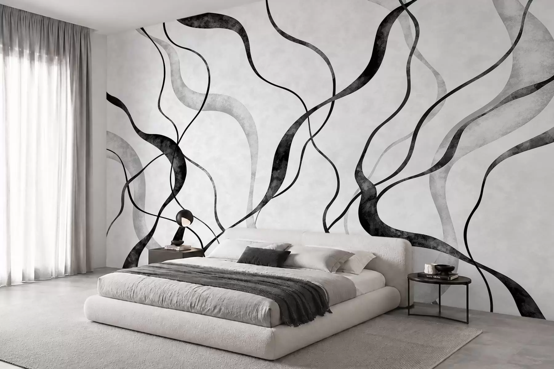 murales de pared Líneas fluidas y abstractas en tonos monocromáticos w05699