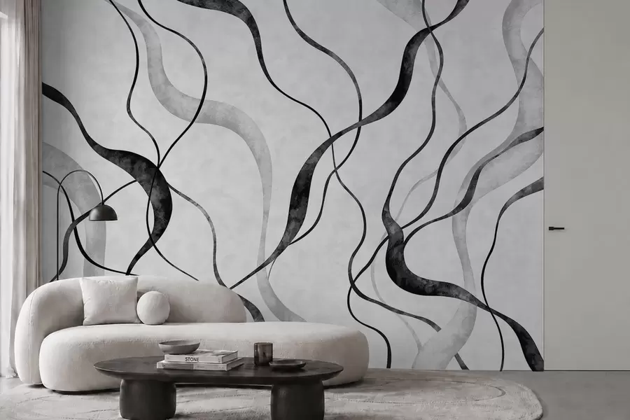 murales de pared Líneas fluidas y abstractas en tonos monocromáticos w05699