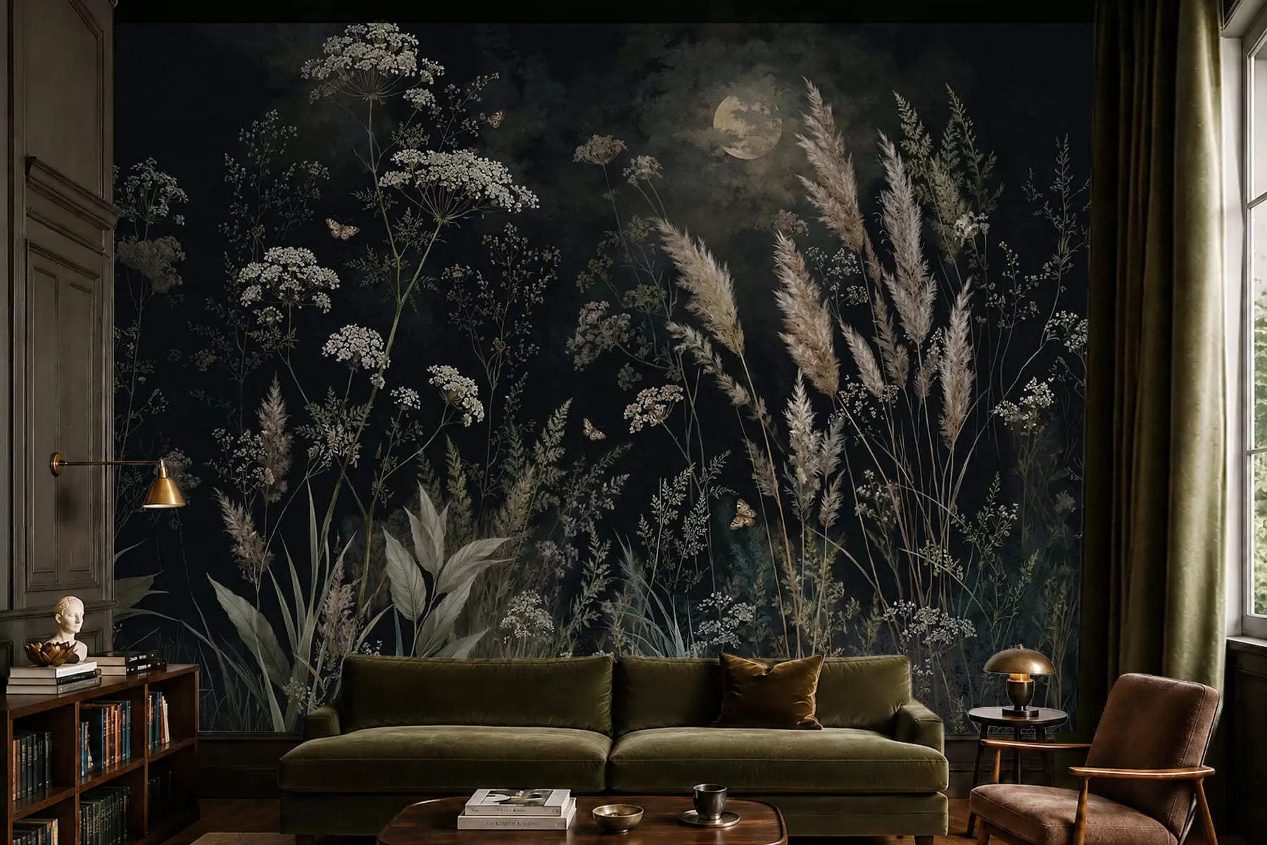 murales de pared Pradera a la luz de la luna con hierbas y flores silvestres w05701