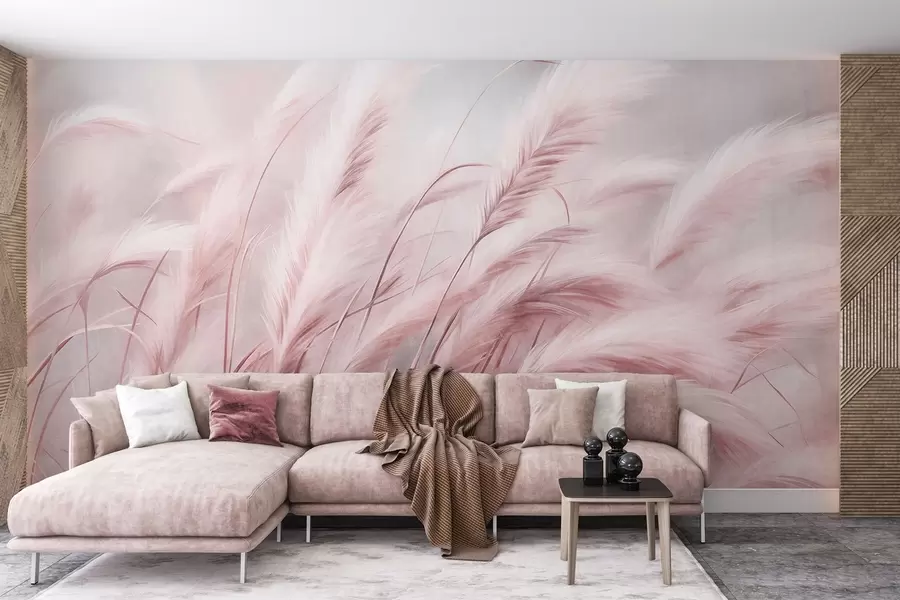 murales de pared Alta hierba de la pampa que se mece suavemente con el viento sobre un fondo suave y apagado; obra de arte con textura w09825v1