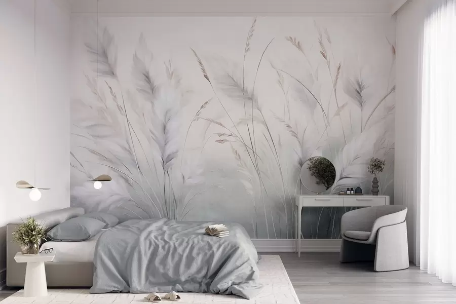 murales de pared Hierbas altas y plumosas que se mecen suavemente sobre un fondo suave y tenue: un delicado arte natural w09831