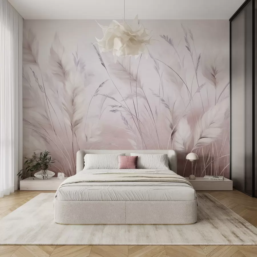 murales de pared Hierbas altas y plumosas que se mecen suavemente sobre un fondo suave y tenue: un delicado arte natural w09831v1