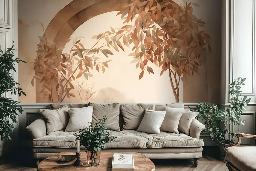 murales de pared Un arco con un paisaje, árboles y follaje en suaves tonos otoñales, obra de arte con textura w09907