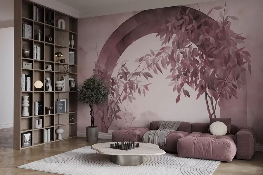 murales de pared Un arco con un paisaje, árboles y follaje en tonos rosas y grises apagados; obra de arte con textura w09907v1