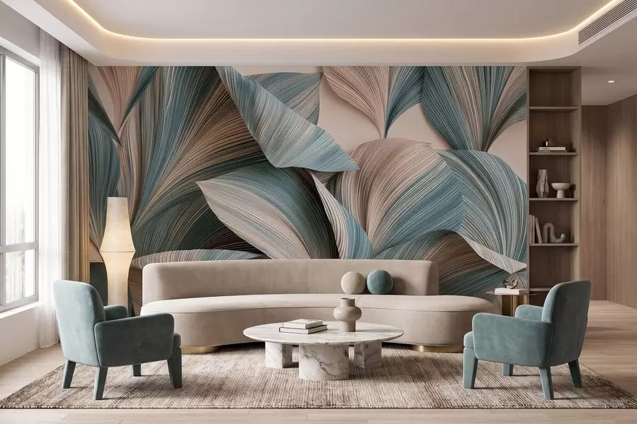 murales de pared Hojas tropicales con volumen en tonos beige y azules suaves w09914