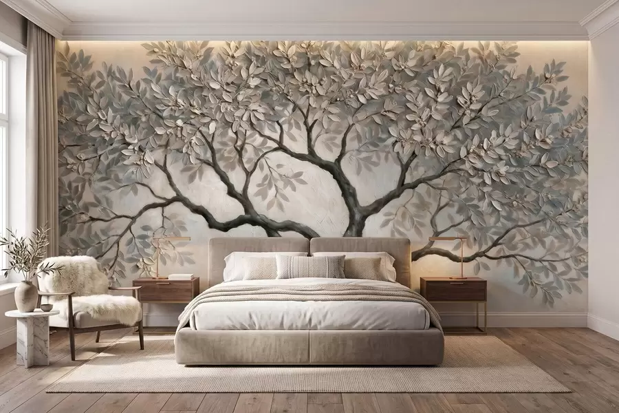 murales de pared Árbol pintado al óleo en tonos grises y beige naturales y tranquilos w09919