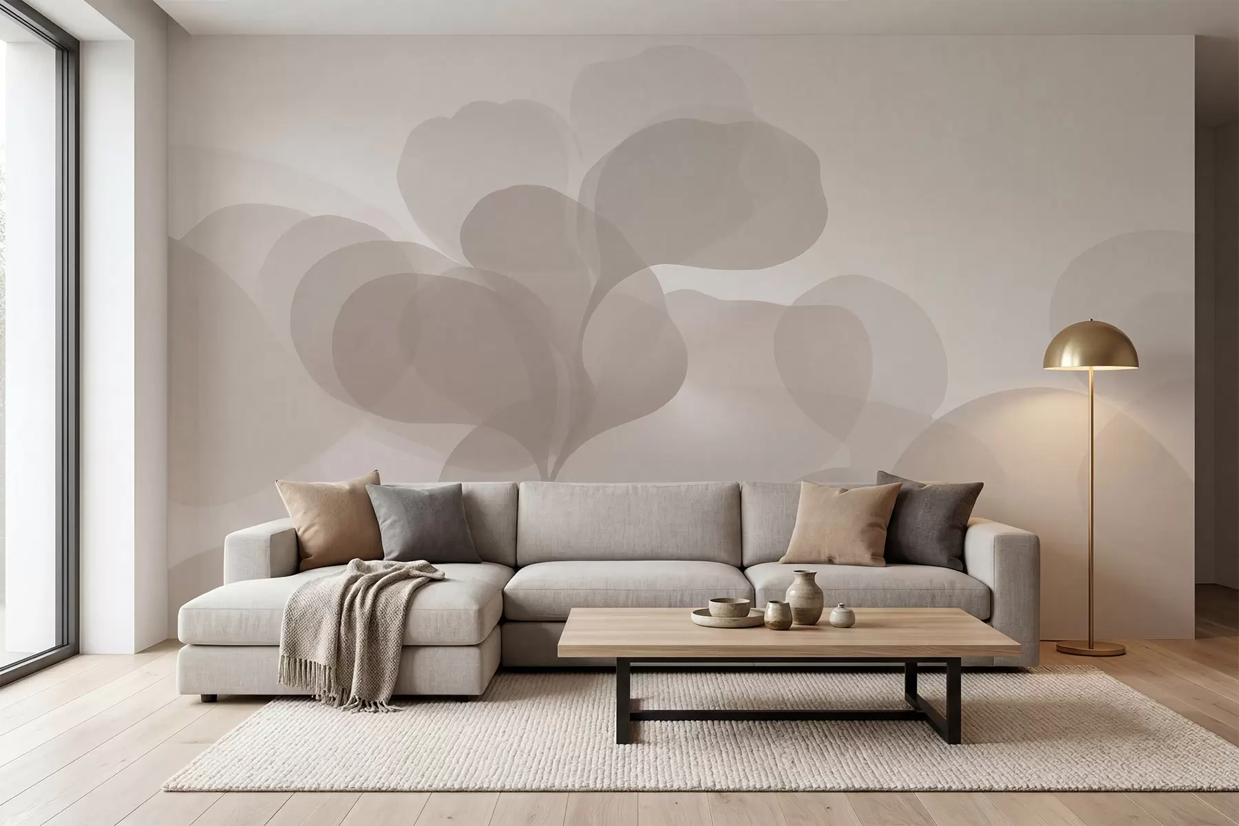 murales de pared Siluetas botánicas abstractas semitransparentes en cálidos tonos beige w09925