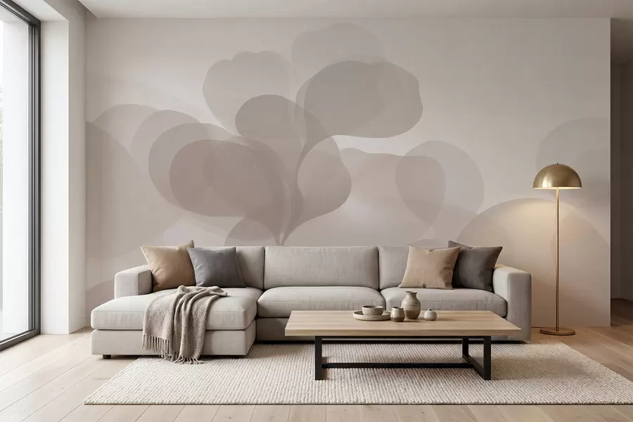 murales de pared Siluetas botánicas abstractas semitransparentes en cálidos tonos beige w09925