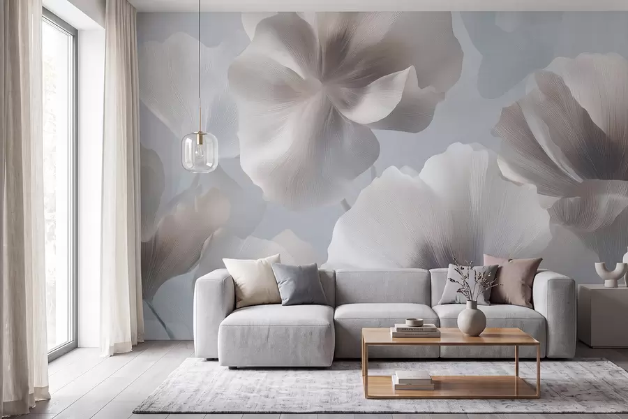 murales de pared Pétalos de flores de seda con volumen en suaves tonos pastel w09928
