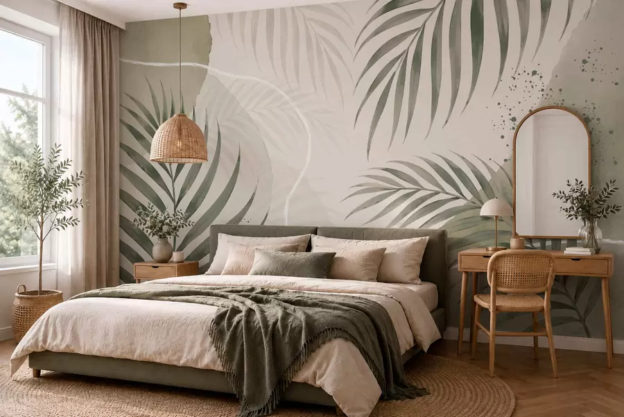 murales de pared Hojas estilizadas sobre un fondo suave y neutro w05728