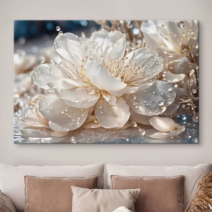 murales de pared Primer plano de una flor blanca con gotas de agua s49355