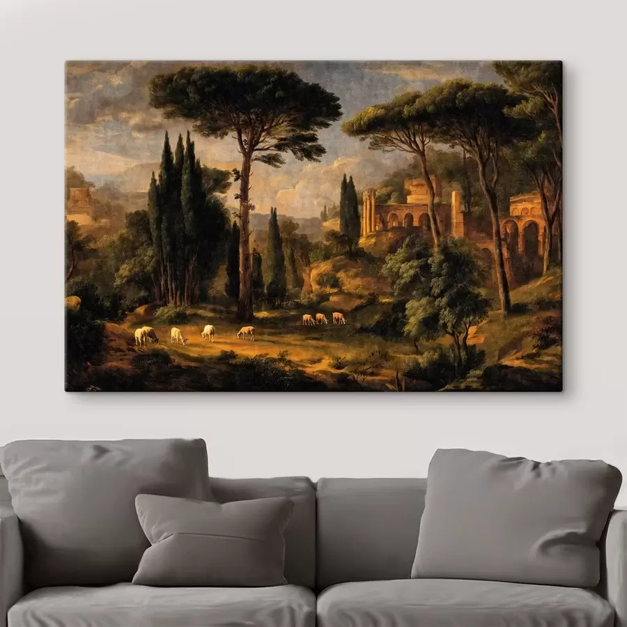 murales de pared Paisaje clásico con árboles, ruinas y ovejas s49674