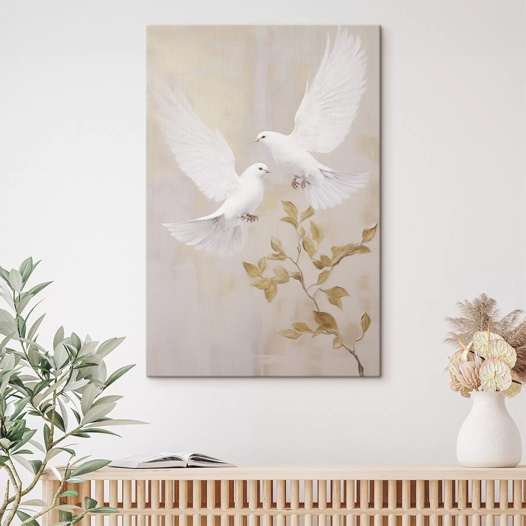 murales de pared Un pájaro blanco junto a una rama con hojas de color marrón claro, sobre un fondo tenue s49764