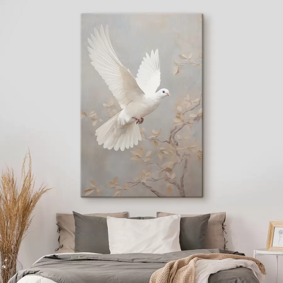 murales de pared Un pájaro blanco cerca de una rama con hojas de color marrón claro, sobre un fondo tenue s49763