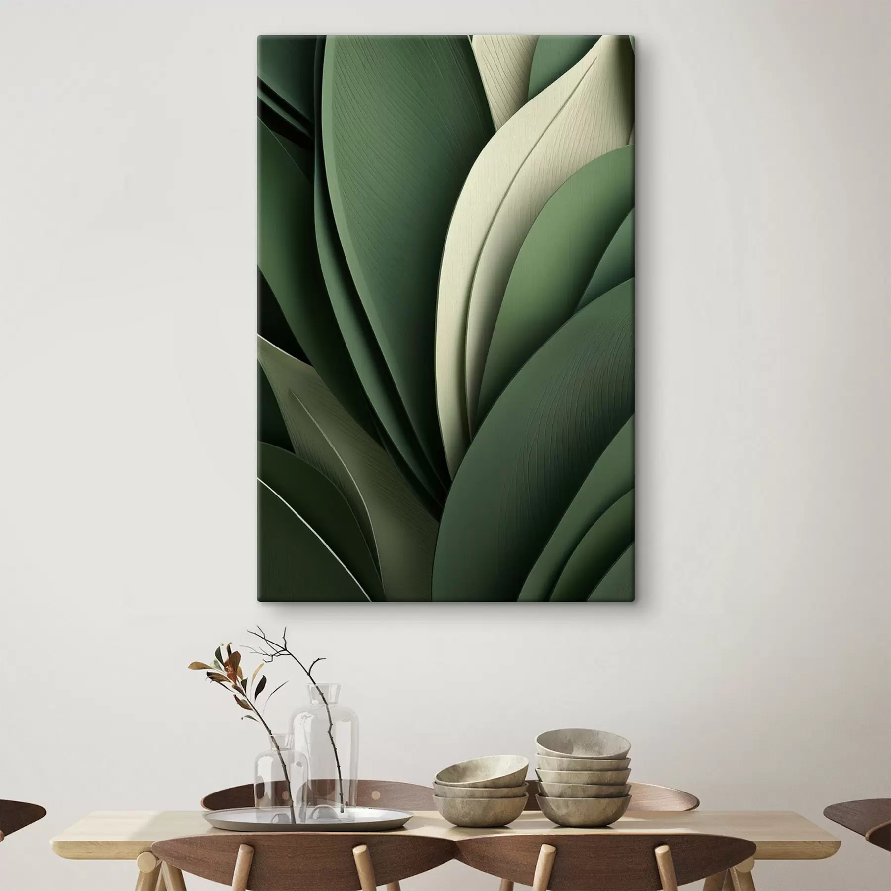 murales de pared Hojas verdes abstractas dispuestas en capas con sutiles toques en color crema s49765
